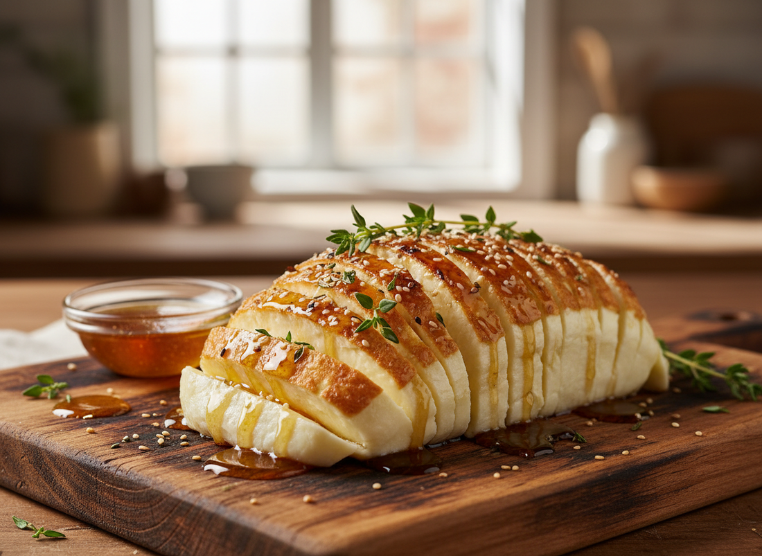 Hasselback Halloumi mit einer Glasur aus Hot Honey und frischem Thymian