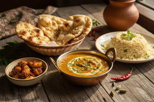 Schale mit indischem Gericht, Reis auf einem Teller, Schälchen mit IU Garlic Pickle, Korb mit indischem Fladenbrot