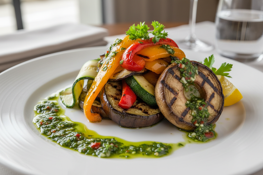 Ofengemüse (Zucchini, Paprika, Aubergine, Pilze) mit Chimichurri Kräuertesauce angerichtet